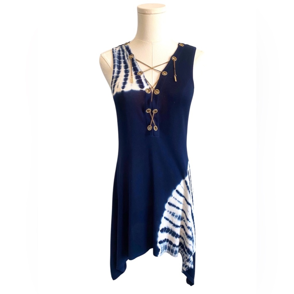 Rafiana Midi Summer Dress Navy White Tie-Dye V Neck Womens Size Small